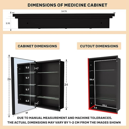 Bathroom Medicine Cabinet with Mirror, Recess or Surface Mount, Single Door Cabinet Famerhouse Bathroom Mirror with Storage Cabinet (Brush Black, 16"x26")