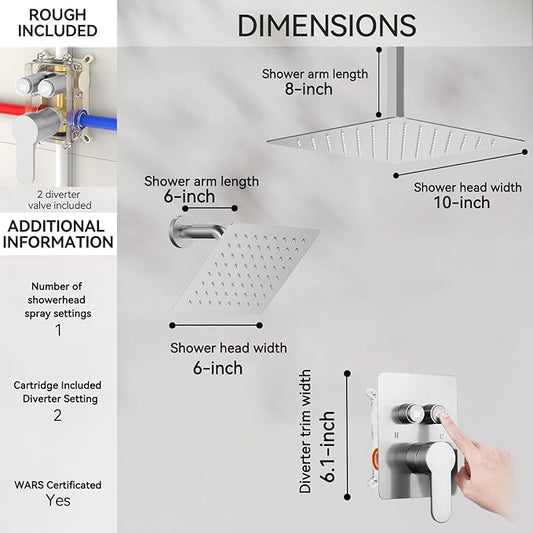 Rain Shower System, STARBATH 10" Ceiling Mount Rain Showerhead and 6" Wall Mounted Rainfall Shower for Couples, On Off Button Valve Dual Head Shower Systems Complete, Brushed Nickel