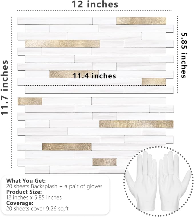 STICKGOO 20 Sheets Peel and Stick Backsplash Tile, Stick on Backsplash for Kitchen and Bathroom, Dolomite White Marble Look PVC Mixed Metal Gold Self Adhesive Wall Tiles