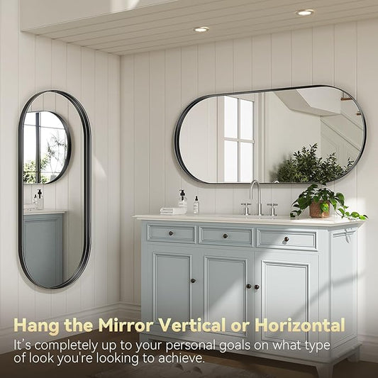 Brightify Black Oval Mirror for Bathroom 22x48 Inch, Metal Framed Bathroom Vanity Mirrors, Full Length Wall Mirror for Entryway Living Room Wall Decorative Hang Vertical and Horizontal