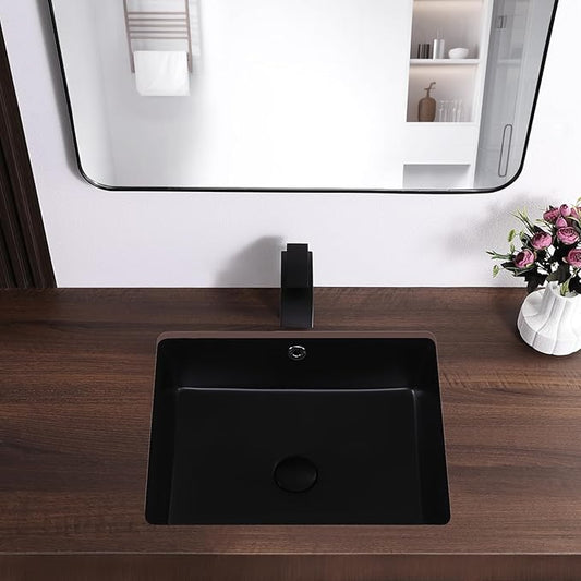 Undermount Bathroom Sink 19.5x15.6 Inch Rectangular Undermount Sink Ceramic Under Counter Vitreous China Sinks with Overflow,Matte Black