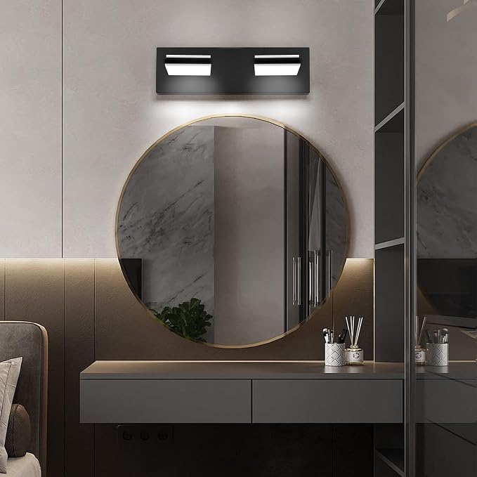 2 Light Bathroom Vanity Light Matte Black Modern 16W LED Dimmable Vanity Light Over Mirror 350° Adjustable Lamp Head Cold White 6000K ETL Listed 15.5Inch