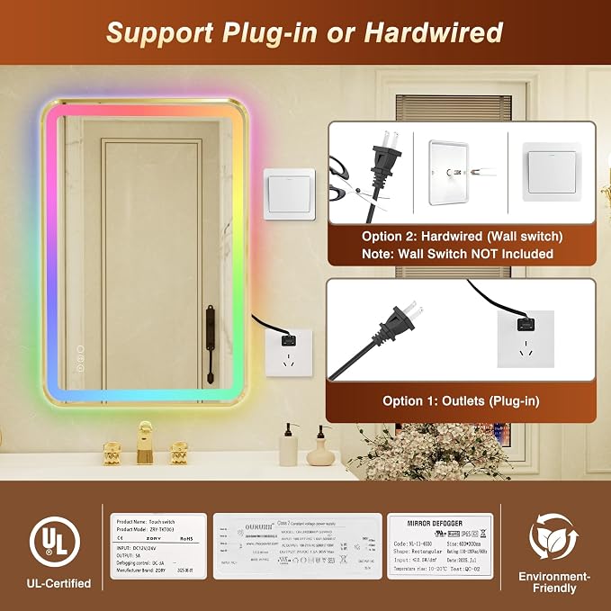 24x36 Inch Gold Framed LED Bathroom Mirror with Lights,Smart Bathroom Mirror,RGB,Anti-Fog,Stepless Dimmable & 3 Colors,Memory,Vanity Mirror for Wall