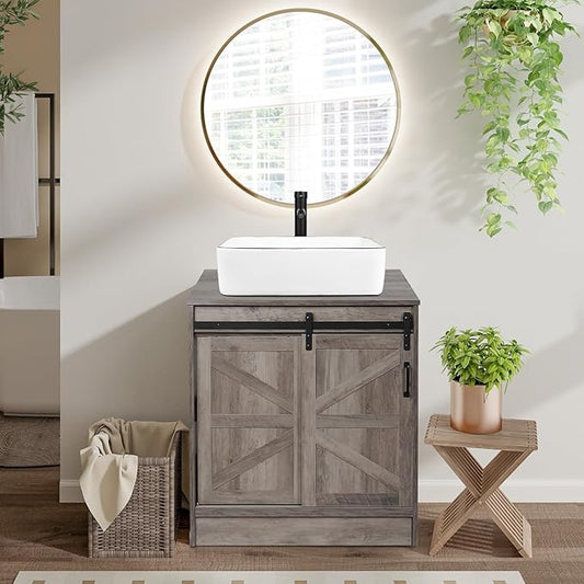 30" Barn Door Bathroom Vanity, Farmhouse Style Standing Pedestal Cabinet Without Sink