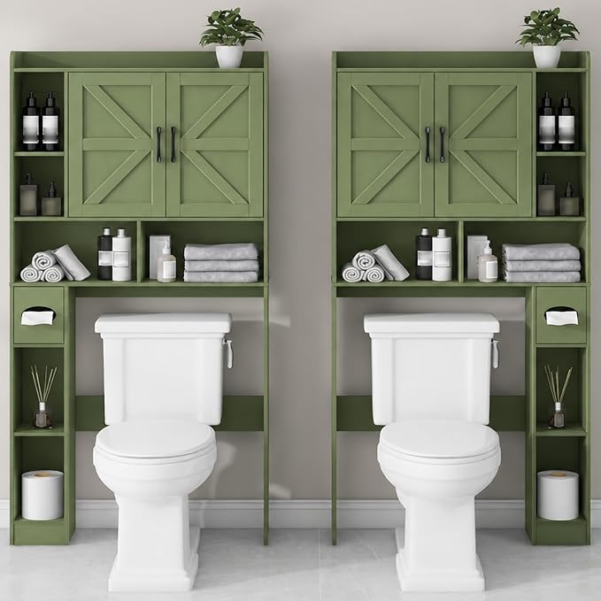 Vabches Over The Toilet Storage Cabinet with 2 Barn Doors, Green | Farmhouse Storage Cabinet with Toilet Paper Holder Stand,Home Space-Saving Toilet Rack, for Bathroom, Restroom, Laundry