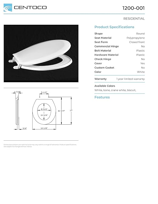 Centoco 1200-301 Round Plastic Toilet Seat, Standard Economy Model, Light Weight Residential, Crane White (Cotton/Bright)