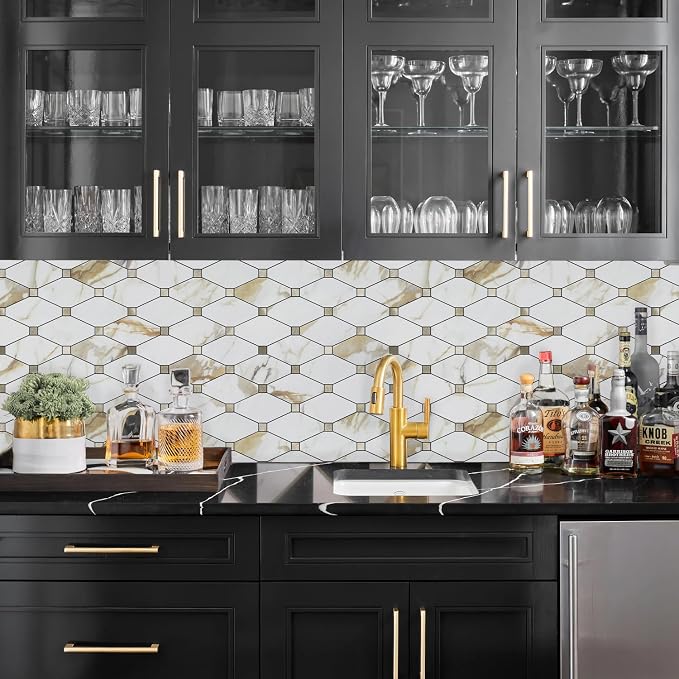 STICKGOO 10 Sheets Peel and Stick Backsplash, Calacatta Golden Stick on Aluminum Composite Tiles Stikers, Self Adhesive Mixed Metal Backsplash for Kitchen, Bathroom, Fireplace, RV