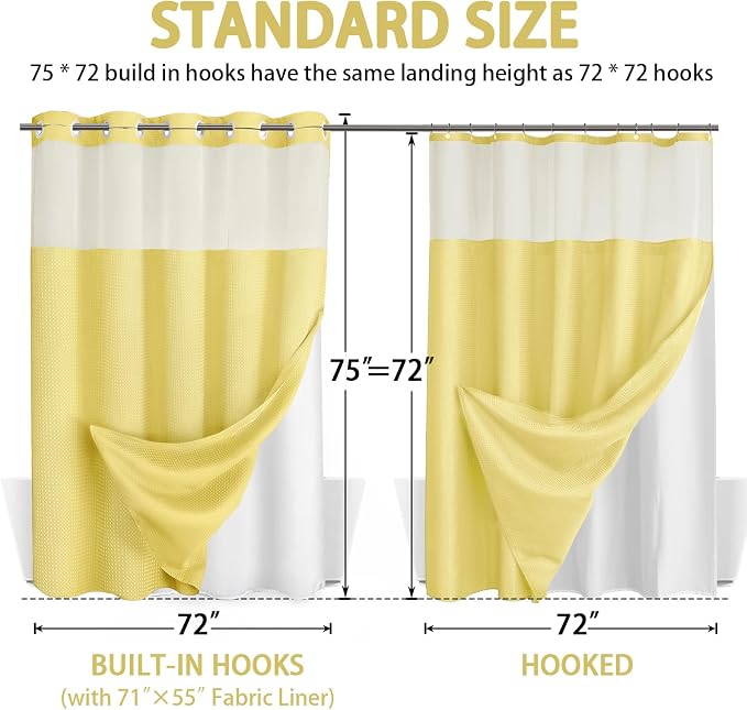 No Hook Shower Curtain with Liner Set Hotel Waffle Curtain Yellow 72W X 75L | Washable Snap in Fabric Liner, Mesh Top Window, Waffle Hotel Style Shower Curtain Set