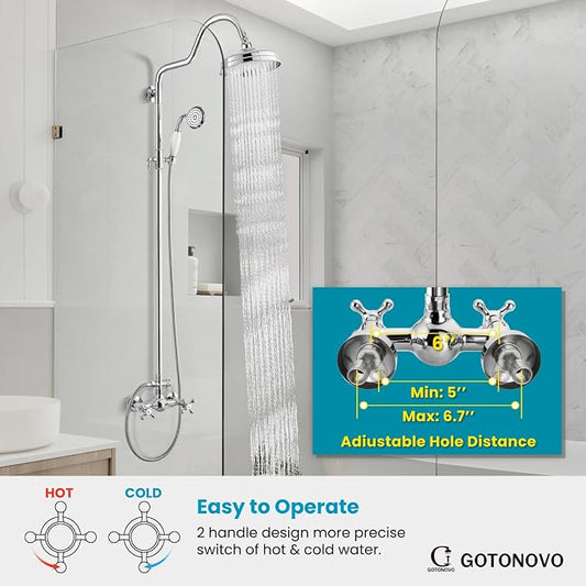 gotonovo Exposed Shower Faucet Set Luxury,Polish Chrome,Curved Arc Rod | Bathroom 8β Shower Head with Handheld Spray System Fixtures,Vintage Two Cross Handle,Wall Mount,for 5-6.7" Hole,Adjust Height