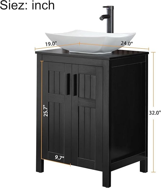 UEV Black 24" Bathroom Vanity with Sink Combo,Modern Freestanding Sink Cabinet,Stylish Bathroom Vanity Cabinet,Grooved Double Doors,Metal Handles,Modern Artistic Ceramic Vessel Sink Combo(032WH New)
