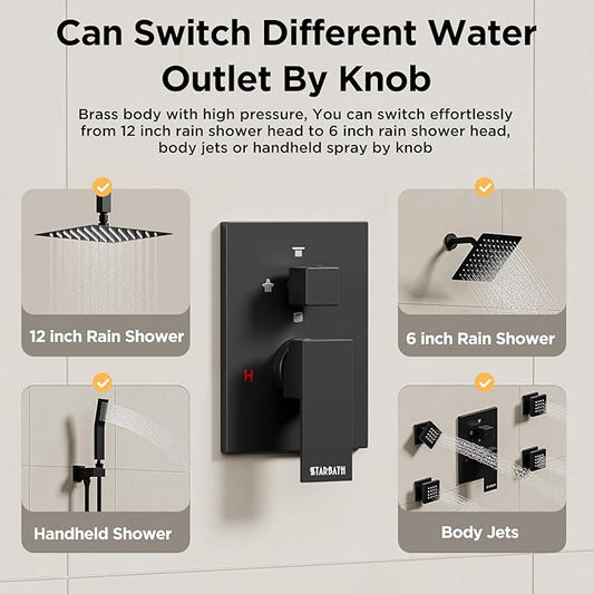 Shower Systems with Body Jets, STARBATH 4 Way 12+6" Rainfall Shower Head with Handheld Spray Combo, Ceiling Mounted Shower Jets System in Wall Shower Faucet Sets Complete, Matte Black