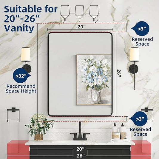Medicine Cabinet with Mirror, 20x26 Inch Black Bathroom Mirrored Cabinet, Metal Framed Wall Cabinet with Beveled Mirror, Modern Surface Mount or Recessed Medicine Cabinet with Storage