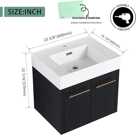 24 Inch Floating Bathroom Vanity,24" Bathroom Vanity with Sink,Modern Single Sink Bathroom Vanity Combo,Black Wall Mounted Cabinet Set