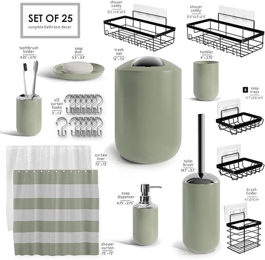 Clara Clark Bathroom Accessories Set - Bathroom Set with Adhesive Corner Shower Caddy Hanging, 25PC Bathroom Accessory Set, Sage Green Shower Curtain Set, Toilet Brush, Trash Can & Soap Dispenser