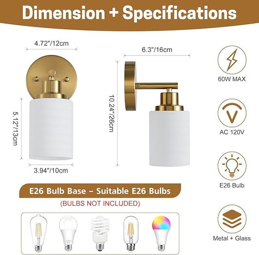 2-Pack, 1-Light Vanity Lights, Brushed Gold Bathroom Light Fixture with Textured Milky White Glass Shade, E26 Modern Vanity Lighting Fixture for Bathroom Wall Sconce