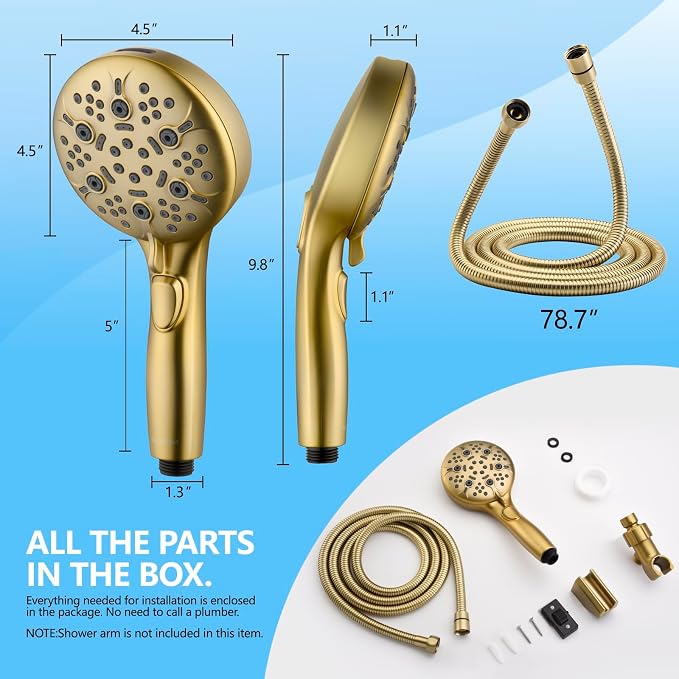 Shower Head with Handheld, 9-Setting High Pressure Shower head with handhelds, Built-in Handheld Power Spray, 79in Extra Long Stainless Steel Hose & Shower Head Holder (Golden)
