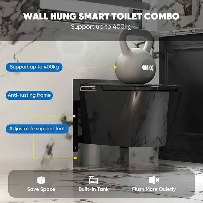 Black Basic Smart Function Wall Hung Toilet Combo, Built-In Water Tank, Heated Seat,Auto Flush,Foot Sensor Flush,Nightlight, with In-Wall Carrier (No Need to buy an Additional Water Tank)