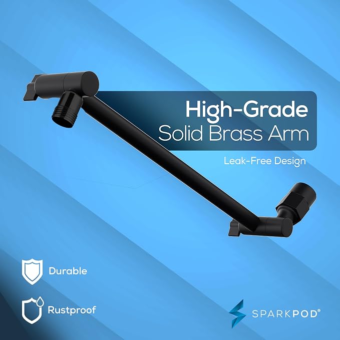 SparkPod 6" Square Rain Shower Head with 11" Shower Arm | Shower Head & Extension Arm Combo, Height Adjustable, High Pressure Performance, Easy 1-Minute Installation, Black Matte
