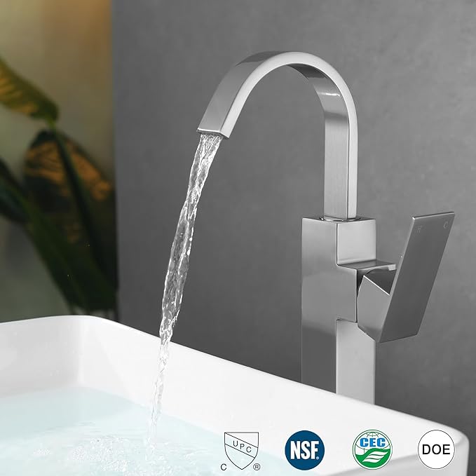 Brushed Nickel Single Handle Tall Bathroom Faucet,Vessel Sink Faucet Waterfall Bathroom Faucet Single Hole Lavatory Vanity Tap Single Hole Bar Sink Faucet with Pop Up Drain and Supply Lines,SL50044BN