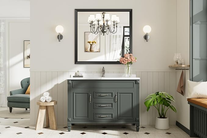 Black Metal Framed Bathroom Wall Mirror, 40x38 Inch | Anti-rust, HD tempered glass, for bathroom vanity, bedroom, living room, horizontal or vertical mount