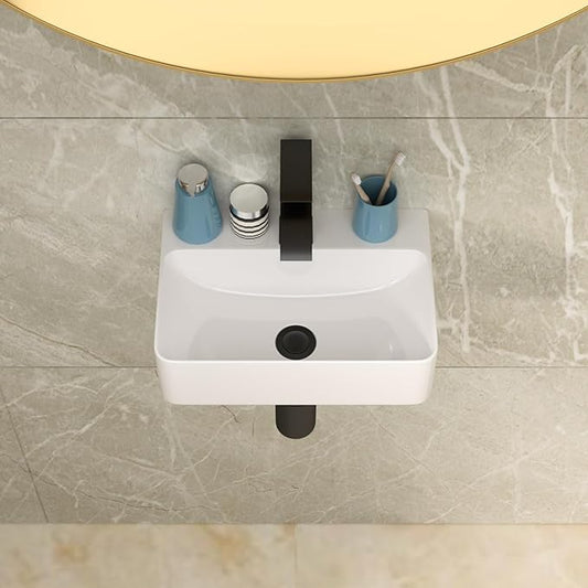 Lordear 14.5x10 Inch Small Wall Mounted Vessel Sink Floating Corner Bathroom Sink Wall hung Pure Glossy White Ceramic Wash Basin Sink 14.5x10x4.2 Inch for Tiny Room
