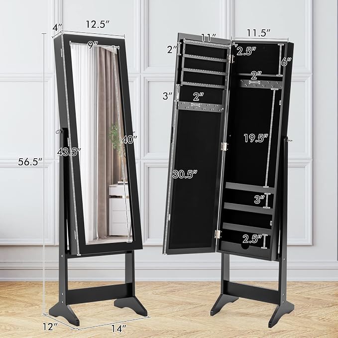 MAT EXPERT Jewelry Armoire Cabinet w/Full-Length Mirror, Jewelry Organizer Standing Mirror w/ 4 Shelves, 3 Adjustable Tilt Angles, Anti-toppling Device, Jewelry Cabinet for Bedroom, Living Room, Black