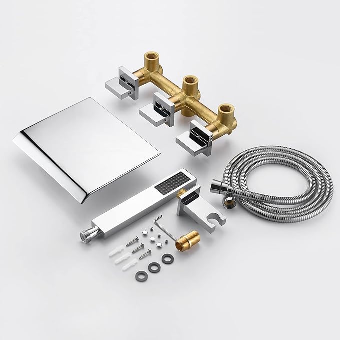 sumerain Waterfall Tub Faucet Wall Mount Bathtub Faucet with Hand Shower Chrome Finish, High Flow Rate