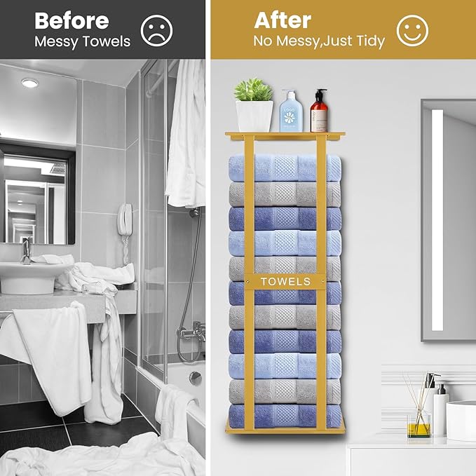 Bathroom Towel Storage Rack, Wall Mounted Bathroom Towel Rack | 30 inch Heavy Duty 6 Large Towels, Wall Mounted Towel Rack for Rolled Towels, Gold