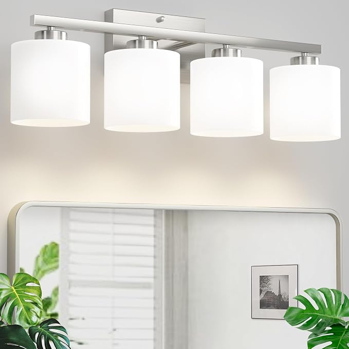 Honesorn 4-Light Bathroom Light Fixtures Over Mirror, Brushed Nickel | Bathroom Light with Milky White Frosted Shades, Anti-Rust Finish, E26 Socket(Bulbs Not Included)