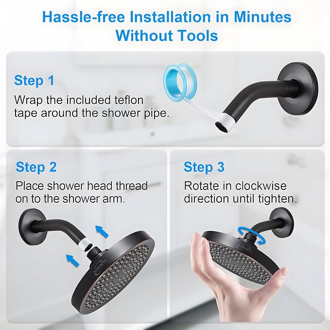 6" Rain Shower Head & 6" Shower Arm, Luxe Oil Rubbed Bronze Finish | High Pressure 6 Inch Fixed Showerhead, Adjustable Replacement, 90 Nozzles, Removable Restrictor, Tool-Free Easy to Install