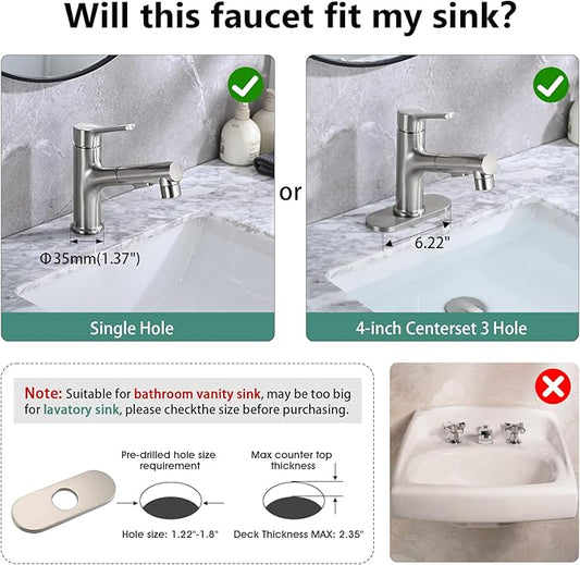 Bathroom Sink Faucet with Pull Out Sprayer, Single Handle Modern Bathroom Basin Faucet with Pop-up Sink Drain Stopper & Deck Plate 1 or 4-inch Centerset 3 Hole, Brushed Nickel