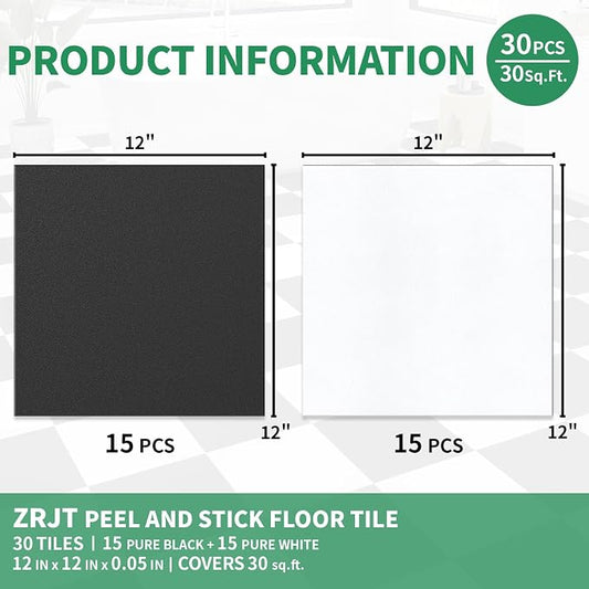 30-Pack 30 Sq.Ft Peel and Stick Floor Tiles Vinyl Matte Pattern Flooring, 12” x 12” Self Adhesive Vinyl Flooring DIY for Kitchen, Bathroom, Laundry, Pure Black&Pure White