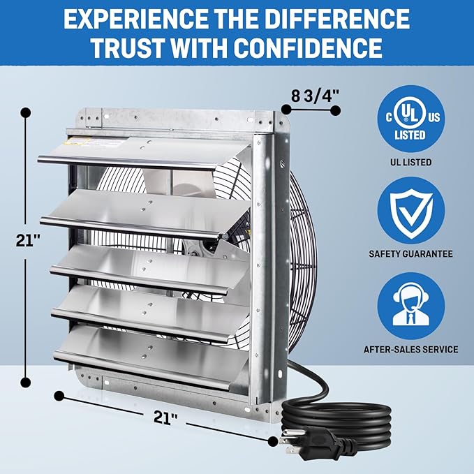 iLIVING 18" Wall Mounted Shutter Exhaust Fan, Automatic Shutter, with Thermostat and Variable Speed controller, 0.85A, 1736 CFM, 2600 SQF Coverage Area Silver (ILG8SF18V-ST)