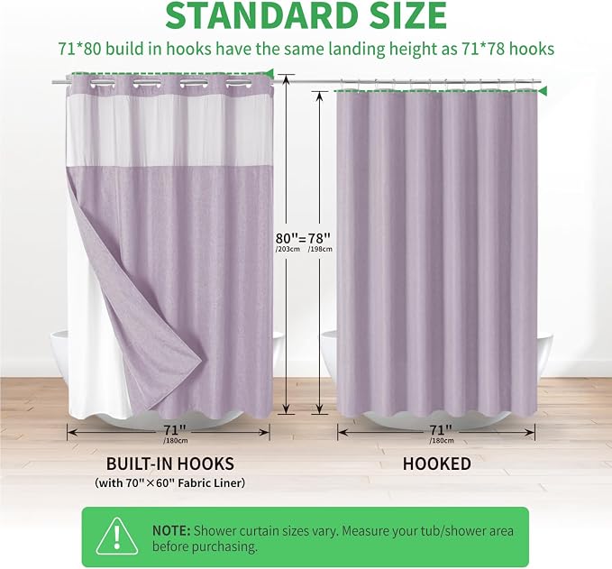 eachope No Hook Fabric Shower Curtain Set with Snap-in Liner,71x80 Lavender | Linen Texture,230GSM Thick Fabric,Hotel Luxury Decor,Mesh Window,Bottom magnetic ,Waterproof & Machine Washable,for Bathroom