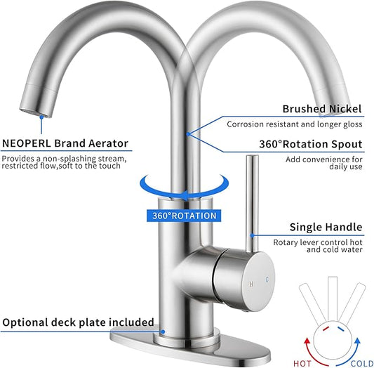 Brushed Nickel Bathroom Faucets 1 Hole - Waterfall Bathroom Sink Faucets Single Handle Vanity Faucet with Pop up Drain, Swivel Spout RV Faucets Small Bar Vanity Lavatory Bath Utility Faucet