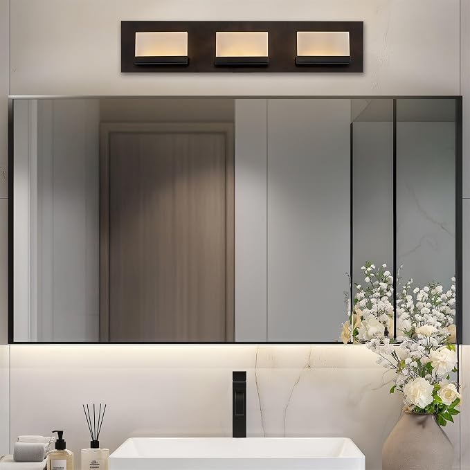 Kira Home Everett 24" Modern Integrated LED 3-Light Bathroom Vanity Light | 30W 3000K Warm White Light, Minimalist Bathroom Wall Sconce with Frosted Acrylic Blocks, Oil Rubbed Bronze Finish