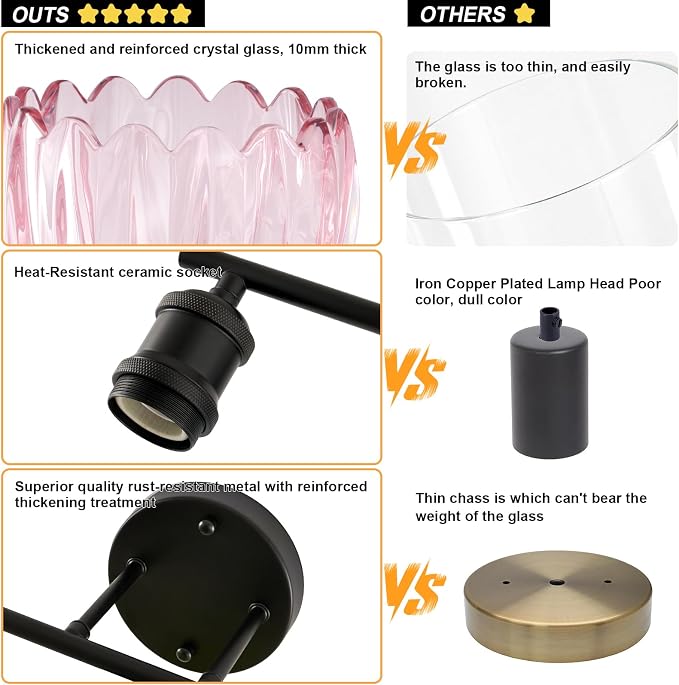 Bathroom Light Fixtures, 3-Light Brushed Black Vanity Lights for Bathroom with Pink Tulip Glass Shade, 20" Vintage Bathroom Vanity Lighting Fixtures Over Mirror for Bedroom Living Room Hallway