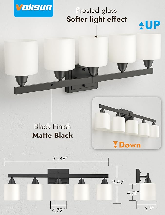 VOLISUN Matte Black 5-Light Bathroom Vanity Light Fixtures Over Mirror | Modern Vanity Light for Bathrooms, Milky White Frosted Glass Shades