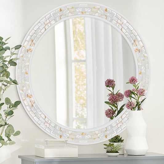 Tanmicoshomy Round Wall Mirror 28 Inch,Circle Mosaic Mirror with Natural Shell and Wood Frame, Decorative Coastal Round Wall Mirror for Bathroom Bedroom Living Room Entrayway