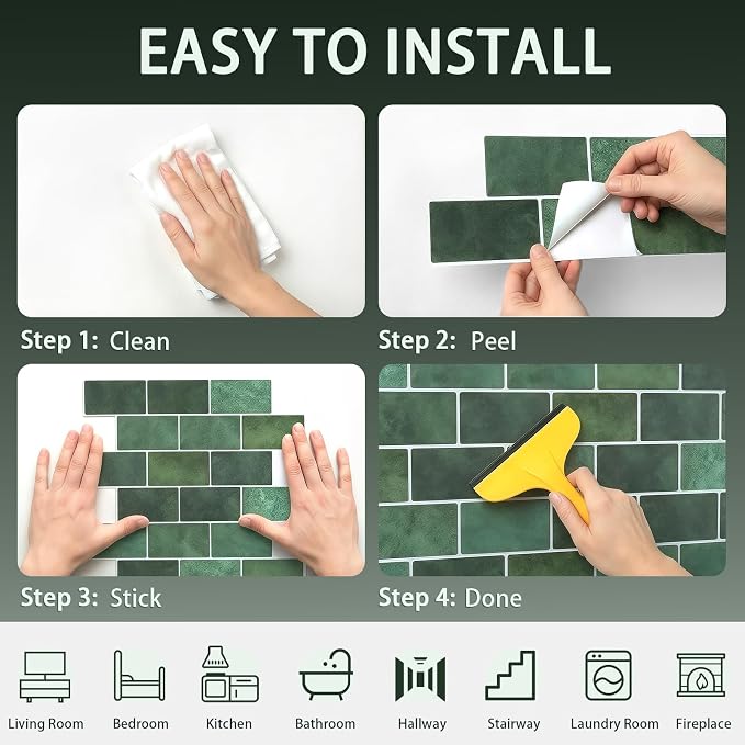 Arttown Peel and Stick 3D Wall Backsplash, 10-Sheet, 12" × 12" Green | Subway Tile Self Adhesive Thicker Design Wall Tiles Panel Wallpaper for Bathroom Balcony Kitchen