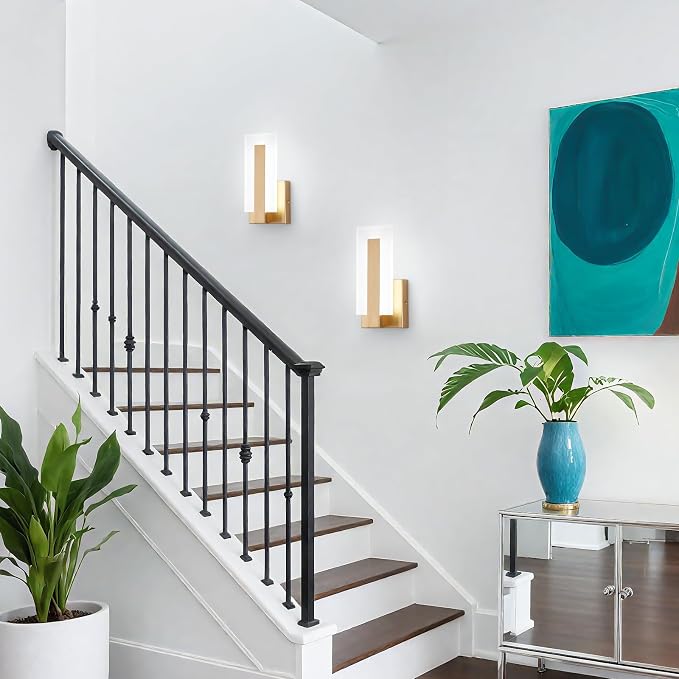 Modern Wall Sconces Set of Two, Indoor Wall Mounted Lighting Fixture, 6000K Cool White Hardwired LED Wall Light, LED Acrylic Gold Wall Sconce for Living Room, Corridor, Bedside