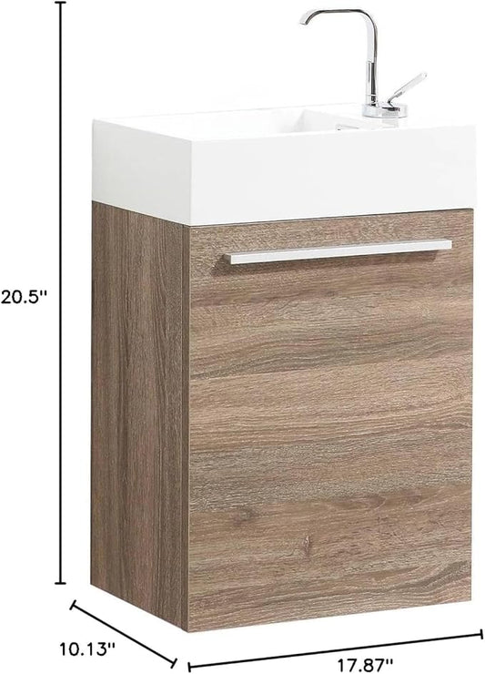 Blossom 18-Inch Floating Bathroom Vanity with Acrylic Sink, All-Wood Construction, Space-Saving Wall Mounted Vanity Cabinet for Compact Bathrooms, Modern Design Bathroom Sink Cabinet, Cart Oak