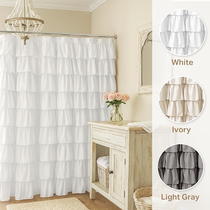 White Ruffle Shower Curtain Farmhouse Style Shower Curtain, 72" x 72" | Cascading full-length fabric tiers, soft dimensional texture, vintage shabby chic styling for decorative bathroom updates