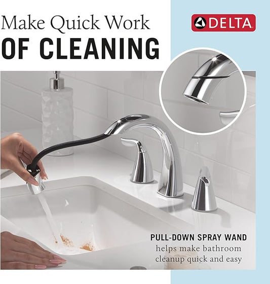 Delta Arvo Chrome Bathroom Faucet with Sprayer, 8 Inch 3 Hole Widespread Bathroom Sink Faucet with Pull Out Sprayer, Push-Pop Drain, Chrome 35840LF-PD