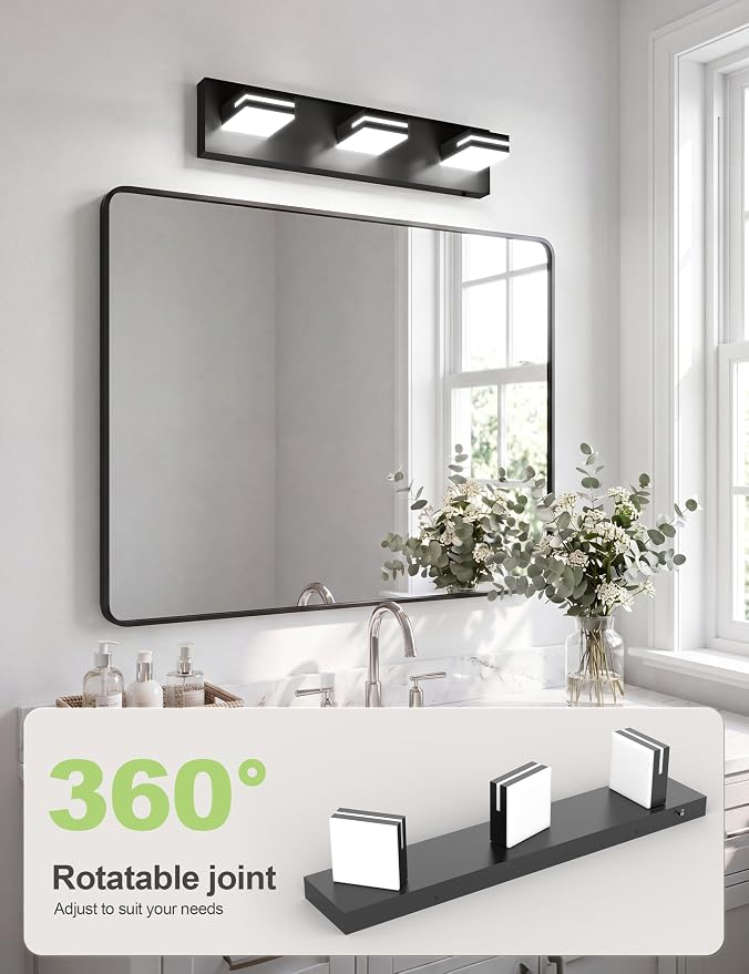 VOLISUN Modern Bathroom Vanity Light Fixtures (3-Light, 24-Inch), Matte Black LED Bathroom Lighting Fixtures Over Mirror, 360°Rotatable Head, LED Vanity Lights for Bathroom (Cool White 6000K)
