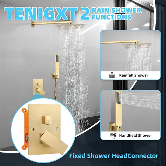Bathroom Shower Faucet Set,12 Inch Rain Shower Head with Handheld Spray,Brass Shower Valve Trim Kit,Wall Mounted Square Rain Shower System (Brushed Gold)