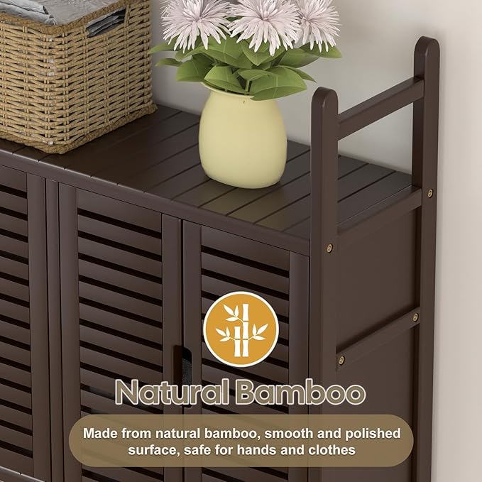 Over The Toilet Storage Cabinet: Bamboo Bathroom Organizer with Paper Holder Stand - Toilet Shelf No-Drill Installation Waterproof Feet - Left/Right Side Mount Space Saver Rack