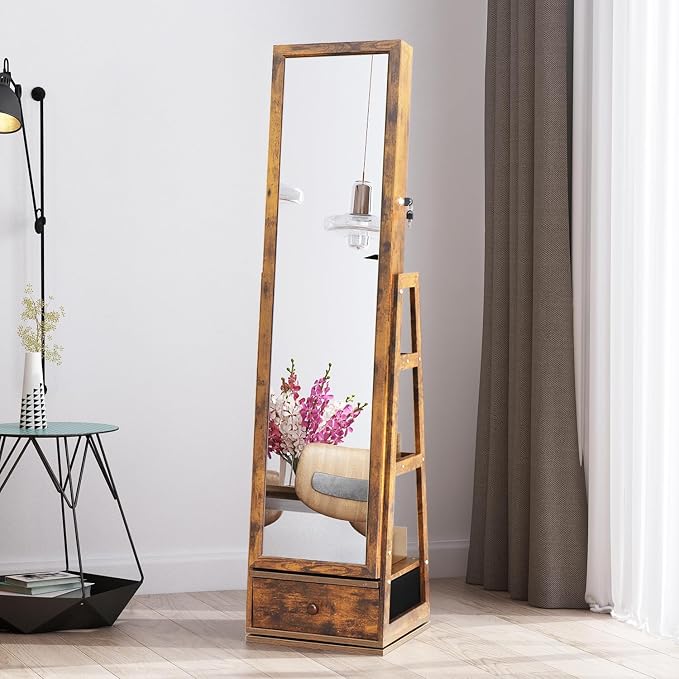360° Swivel Full Length Mirror Jewelry Cabinet Standing With Built-In Mirror Jewelry Armoire With Mirror Drawers, Lockable Storage Christmas Gift Rustic Brown