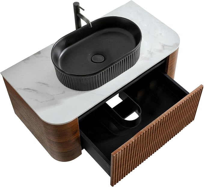 36" Preassembled Floating Bathroom Vanity with Black Sink, Walnut | Mid-Century Modern Style, Fluted & Soft-Close Drawer with U-shaped Wall, Sinterted Stone Countertop, Towel Rack Included