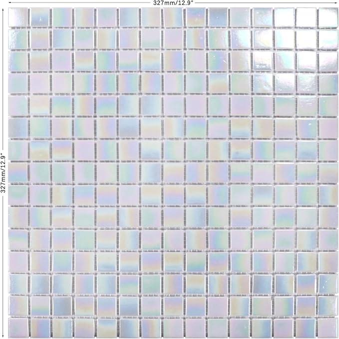 11.5sq.ft Iridescent White Glass Mosaic Tile for Bathroom, Pool, Backsplash | Waterproof Wall & Floor Tile. Heat & frost resistant outdoors. Mesh-mounted easy install. Use any grout. Easy clean. 10pcs.